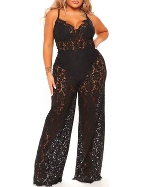 ​Fashion Nova NWT Black Lace Wide Leg Jumpsuit Plus Size 1X 2X Sexy